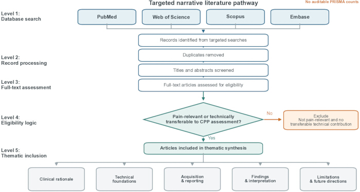 figure-protocol-1 Targeted narrative literature pathway diagram; database search and thematic synthesis levels.