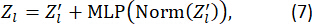 figure-protocol-20 Equation of layer normalization with multi-layer perceptron, Z_l = Z'_l + MLP(Norm(Z'_l)).