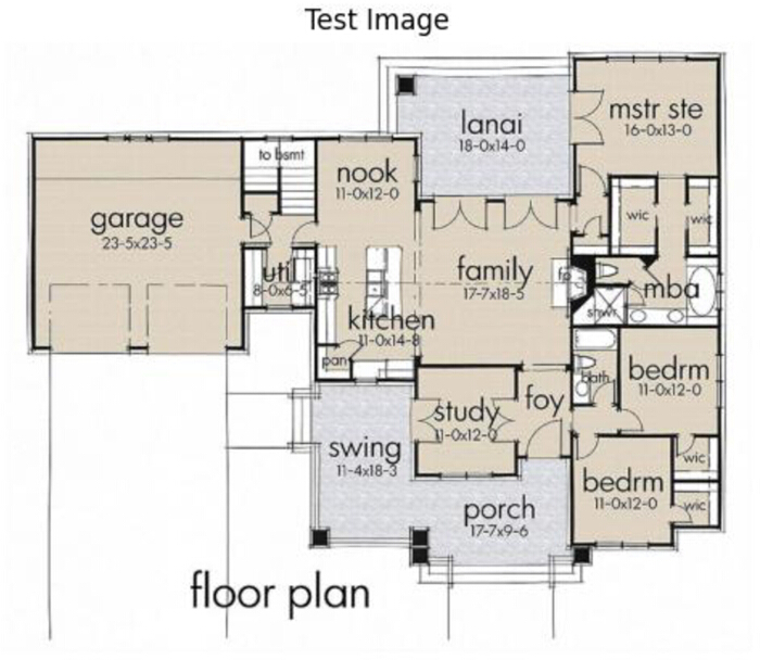 Architectural floor plan of a residential house, showcasing room dimensions and layout.