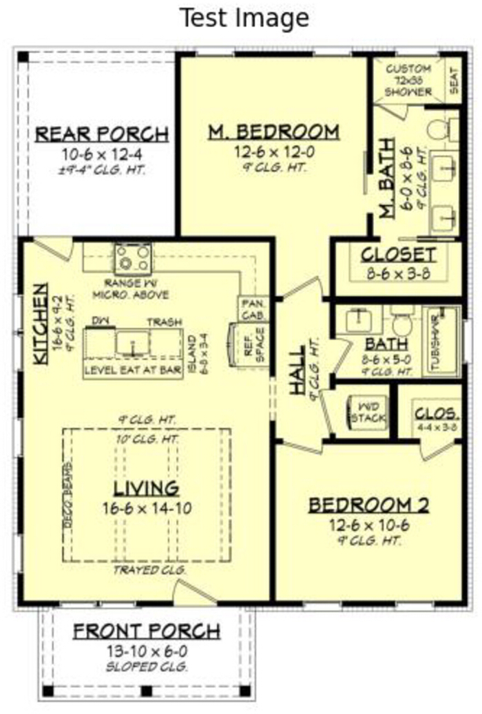 House floor plan diagram with labeled rooms: kitchen, living, bedrooms, bath, porch, closet.