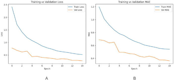 Training validation loss and MAE charts; machine learning model performance analysis.