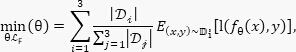 figure-protocol-12 Optimization equation Σ|Di|/Σ|Dj|E(x,y) for machine learning model weighting.