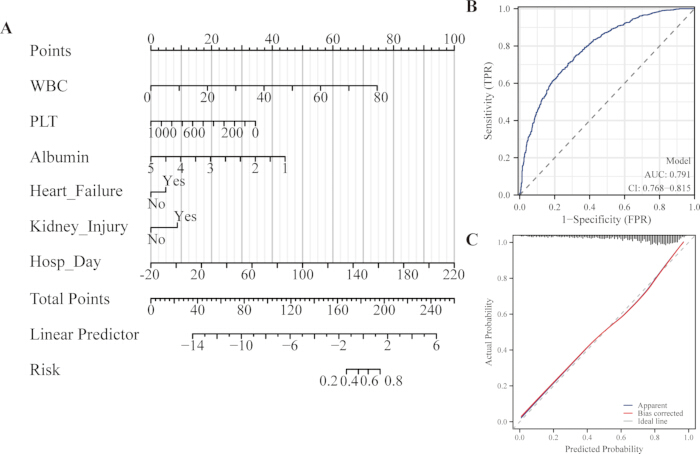 Nomogram prediction model with ROC curve; risk assessment, sensitivity analysis, calibration plot.