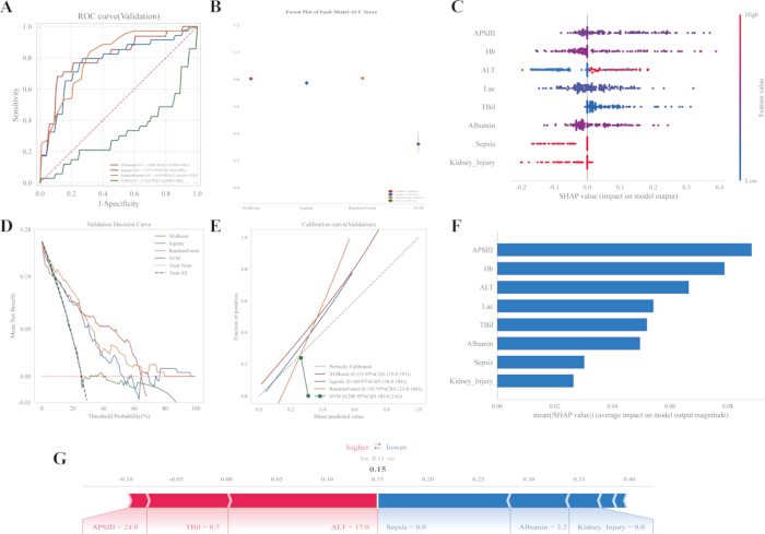 ROC curves, random forest scores, SHAP values, validation, calibration, and feature impact charts.