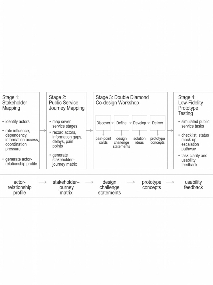 Stakeholder mapping process diagram with co-design stages for prototype testing and usability feedback.