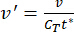 Kinematic formula v' = v / (cTt*) depicting velocity transformation.