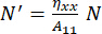Mathematical equation N' = ηxx/A11 N, illustrating a physics or engineering formula.