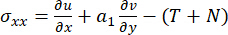 Stress-strain equation σ_xx=∂u/∂x+a1∂v/∂y-(T+N), elasticity diagram analysis.