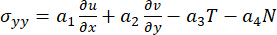 Stress distribution formula diagram: σyy = a1 du/dx + a2 dv/dy - a3T - a4N.