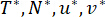 Equilibrium state variables \( T^*, N^*, u^*, v^* \) in symbolic form; thermodynamic relations.