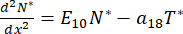 Nonlinear optical equation, \( \frac{d^2N^*}{dx^2} = E_{10}N^* - a_{18}T^* \), physics formula.