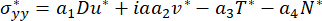 Stress tensor equation, σyy=a1Du*+iaa2v*-a3T*-a4N*, physics formula, educational diagram.