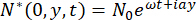 Quantum state evolution, equation N*(0,y,t)=N0e^(ωt+iay), complex wave dynamics analysis.