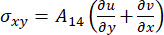 Shear stress formula, σxy=A14(∂u/∂y+∂v/∂x), elasticity equation, mathematical expression.