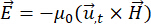 Electromagnetic force equation, E=-μ₀(uₜ×H), vector notation, physics, dynamic fields description.
