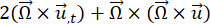 Dynamic fluid mechanics equations, 2(Ω×uₜ)+Ω×(Ω×u), vector calculus.