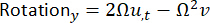 Rotation dynamics equation: Rotation_y = 2Ωu_t - Ω²v. Suitable for physics and engineering study.