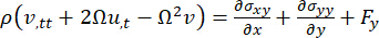 Fluid dynamics equation, ρ(v_tt + 2Ωu_t - Ω²v)=∂σ_xy/∂x + ∂σ_yy/∂y + F_y, static equilibrium analysis