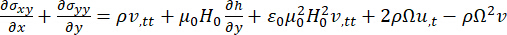 Fluid dynamics equation: ∂σxy/∂x + ∂σyy/∂y; diagram illustrating forces and motion analysis.