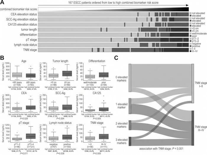ESCC biomarker analysis: A) Bar chart of biomarker status B) Box plots of patient data C) Sankey diagram.