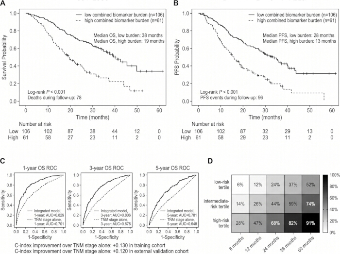 Kaplan-Meier curves and ROC charts for survival analysis; biomarker burden impact study results.