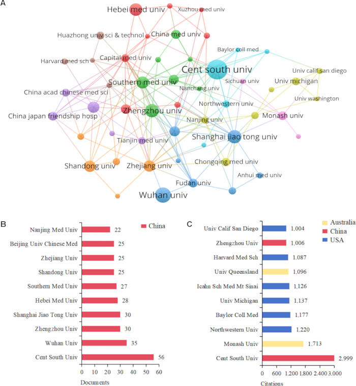 figure-results-3 University collaboration network diagram, bar charts comparing document count and citations by country.