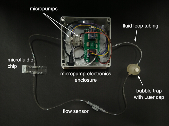 figure-results-1 Microfluidic system diagram with micropumps, flow sensor, fluid loop tubing, bubble trap in experiment.