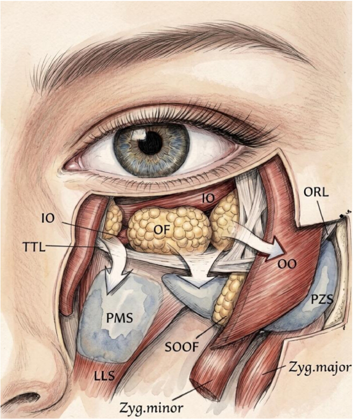 Anatomy diagram of the eye region, highlighting muscle and fat layer structures, labeled for study.