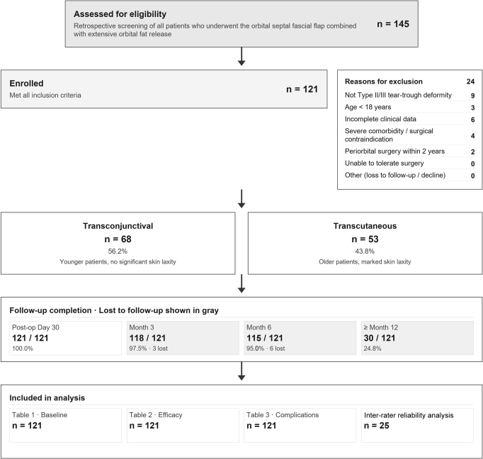 Flowchart: patient screening, orbital surgery outcomes, subgroup analysis, follow-up, inclusion criteria.
