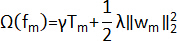 优化方程 Ω(fm)=γTm+(1/2)λ||wm||^2；数学公式；用于教学。