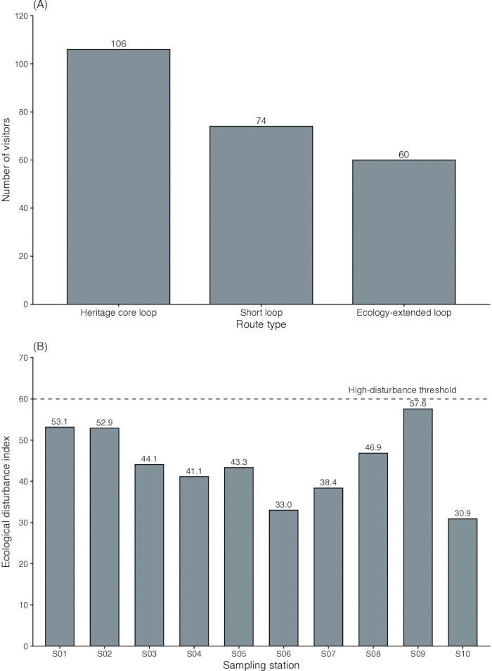 Bar graphs of visitor numbers by route type and ecological disturbance by station; research data visualization.