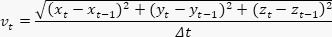 figure-protocol-5 速度公式 \( v_t = \frac{\sqrt{(x_t-x_{t-1})^2+(y_t-y_{t-1})^2+(z_t-z_{t-1})^2}}{\Delta t} \) 方程。