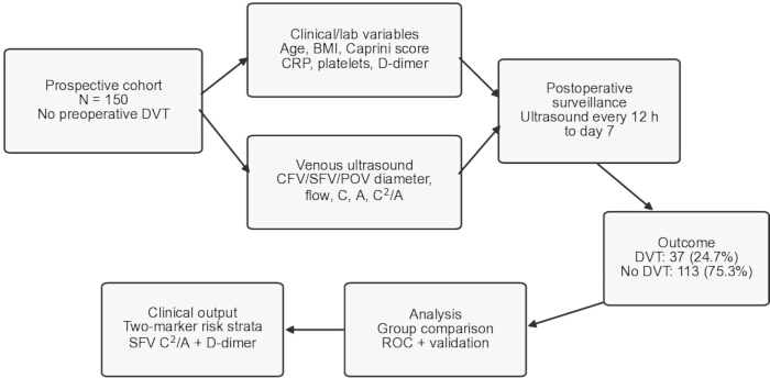 figure-results-1 Flowchart of DVT study with clinical variables, ultrasound data, and outcome analysis.