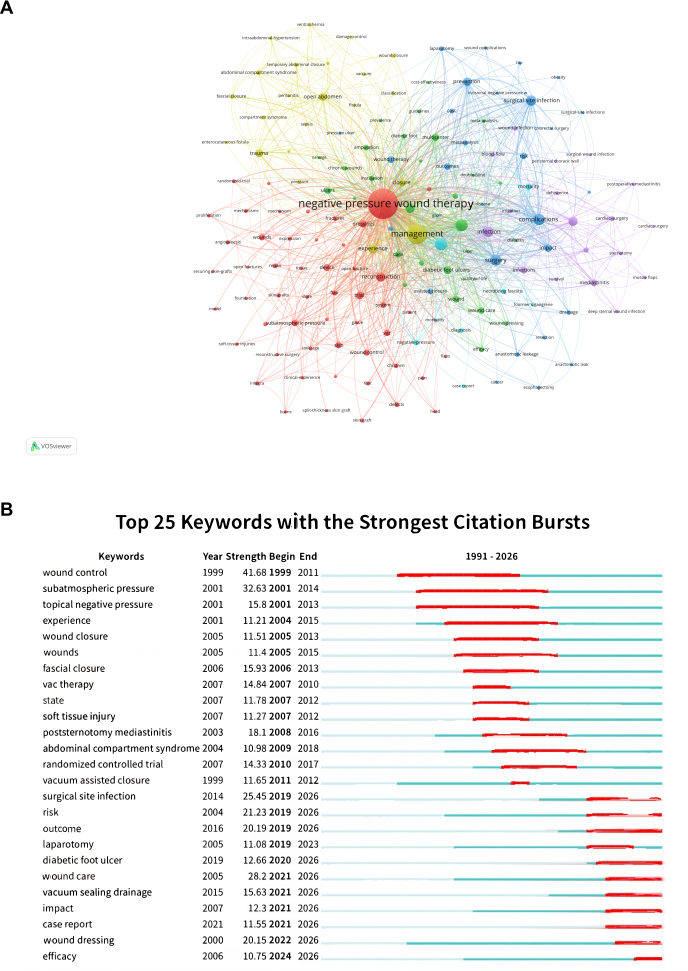 figure-results-4 Network diagram on negative pressure wound therapy (A) and citation burst chart (B) for keywords.