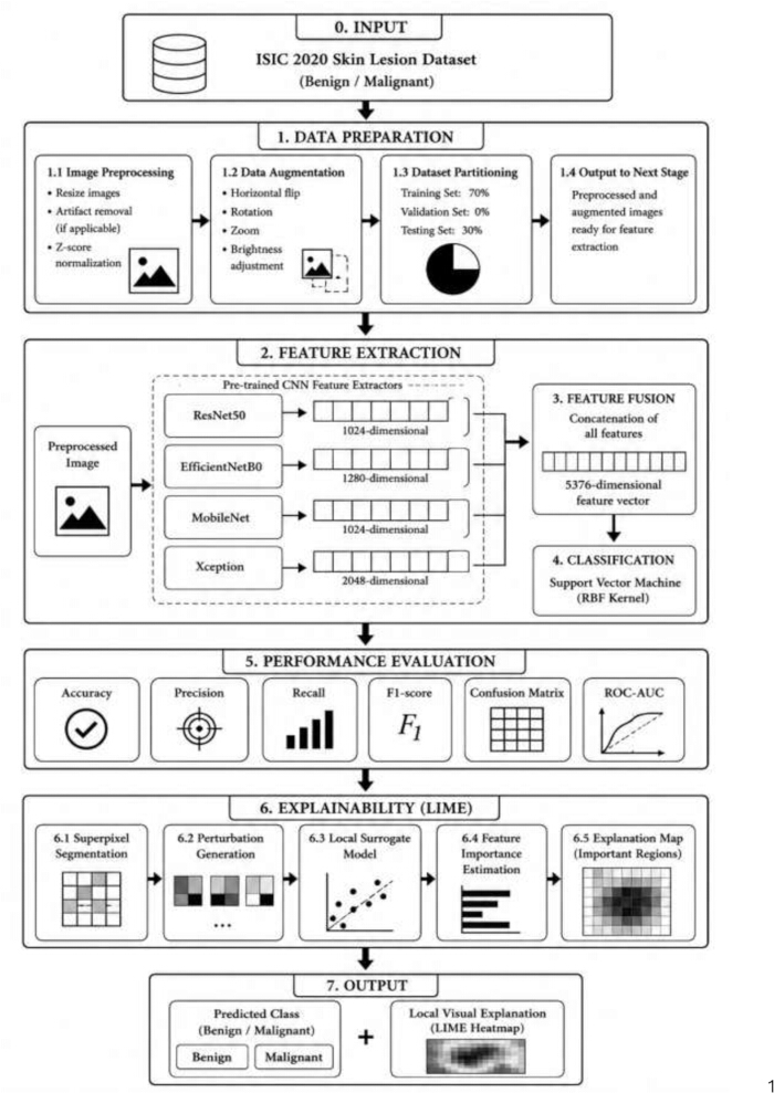 figure-results-7 皮肤病变数据集分析工作流程;基于CNN的特征提取,SVM分类示意图。