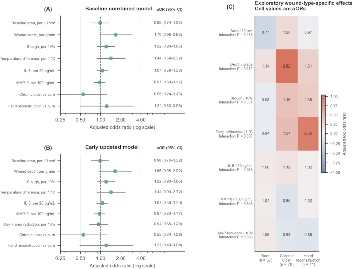 Wound healing analysis; odds ratio charts (A, B), heatmap (C) for wound-type interaction effects.
