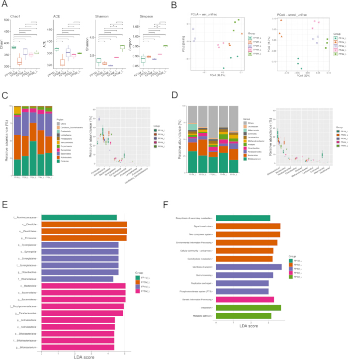 figure-results-7 Microbiome diversity analysis; boxplots, PCA, relative abundance charts, LDA scores; data comparison.