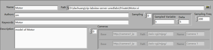 figure-results-11 LabVIEW motor model interface, path setup for simulation control, sampling configuration, motor description.
