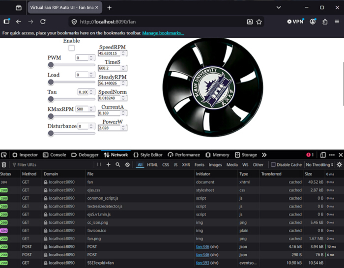 figure-results-15 Virtual fan control UI with speed and power parameters, showing network activity; dashboard diagram.