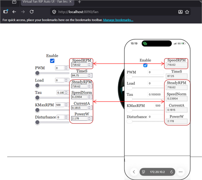 figure-results-17 Fan control interface; data synchronization diagram with SpeedRPM, CurrentA settings on web and mobile UI.