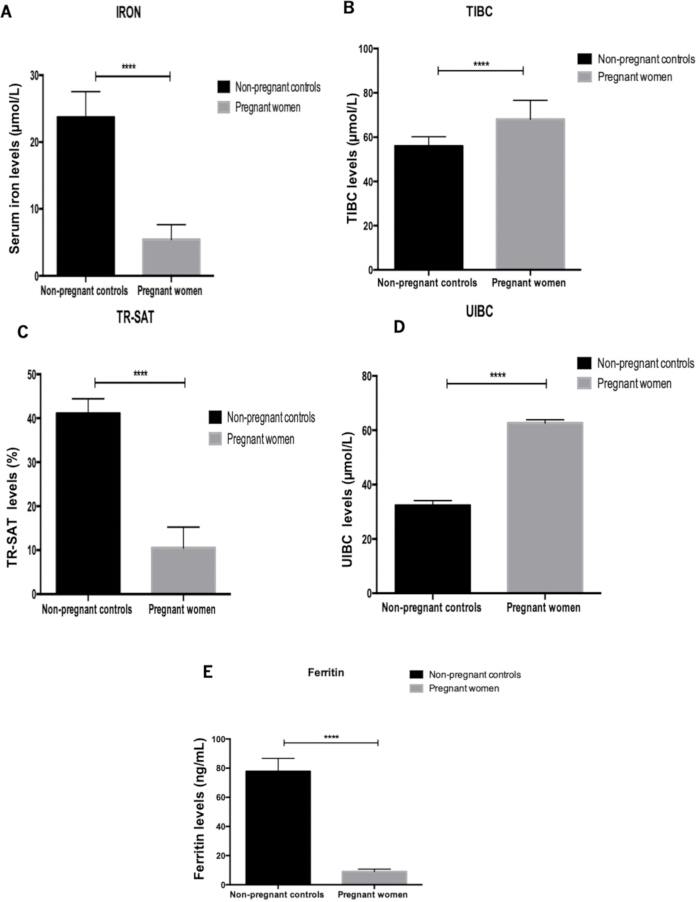 Serum iron study, bar graphs comparing iron levels in pregnant vs. non-pregnant women.