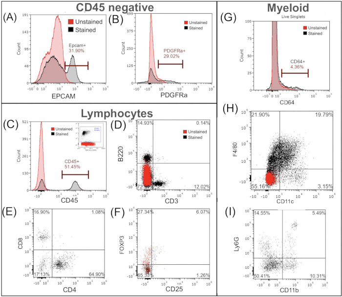 figure-results-3 Flow cytometry analysis graphs; CD45, EPCAM, PDGFRa, lymphocytes, myeloid cell staining results.