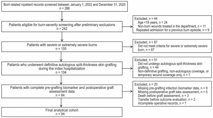 figure-results-1 Burn patient screening flowchart; eligibility, exclusion criteria, biomarker, graft assessment process.