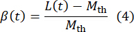 β衰变方程 β(t)=[L(t)-Mth]/Mth，理论分析中的数学公式。
