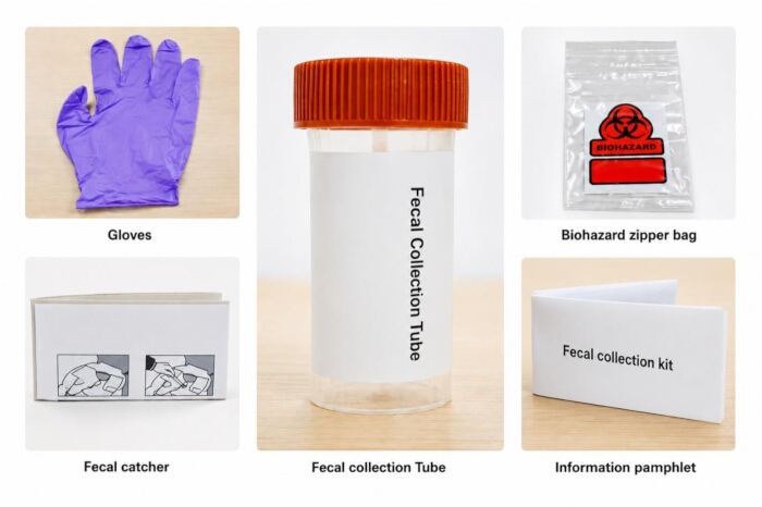 figure-protocol-1 Fecal sample collection kit with gloves, tube, biohazard bag, catcher, and pamphlet for analysis.