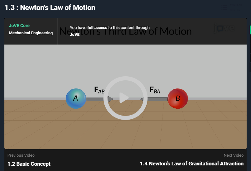 JoVE video player showing Newtons laws of motion with force diagram between two balls