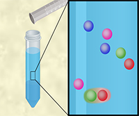Test tube with liquid and a zoomed view of colored particles suspended in solution