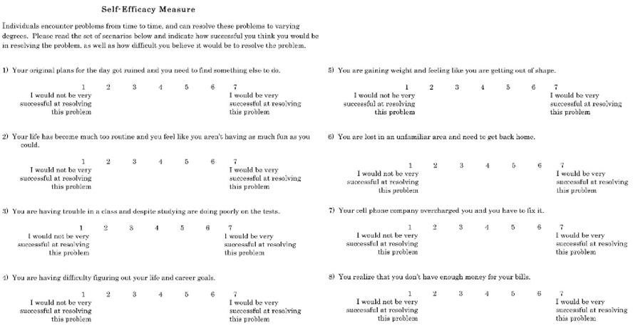 Self-efficacy measurement questionnaire; rating scale for resolving personal challenges.