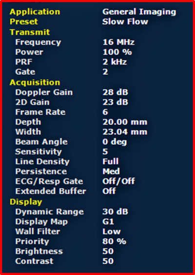 figure-results-7 Ultrasound imaging parameters list; frequency 16 MHz; Doppler gain 28 dB; dynamic range 30 dB.