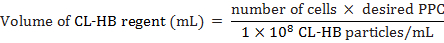 figure-protocol-1 Volume calculation formula for CL-HB reagent in cell labeling, showing equation layout.
